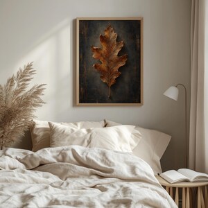 Seasonal oak foliage poster for study decor — aged finish vintage leaf with dark background