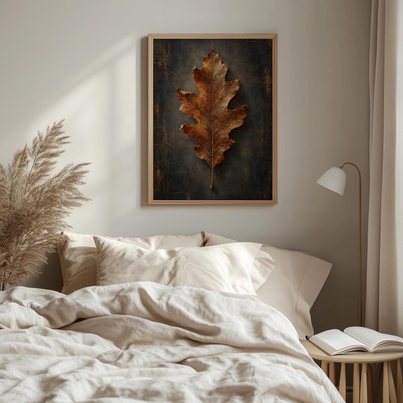 Seasonal oak foliage poster for study decor — aged finish vintage leaf with dark background