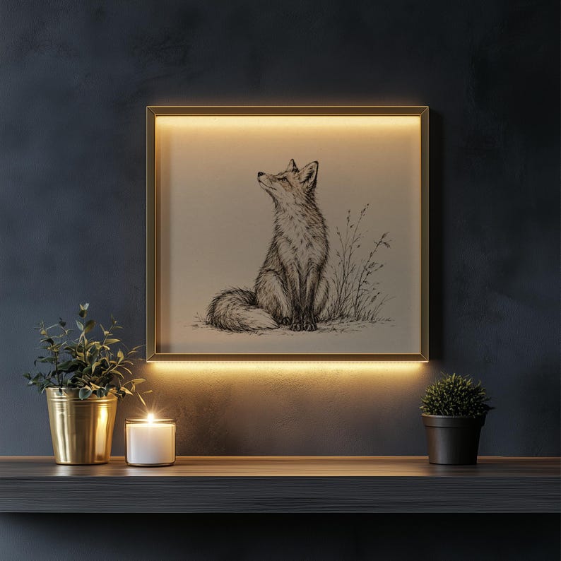 Fox looking upward digital artwork printable — intricate sketch-style illustration perfect for nature enthusiast
