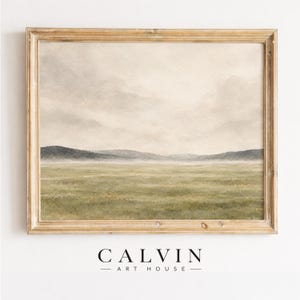 Hazy countryside artwork poster printable featuring soft cream and olive tones