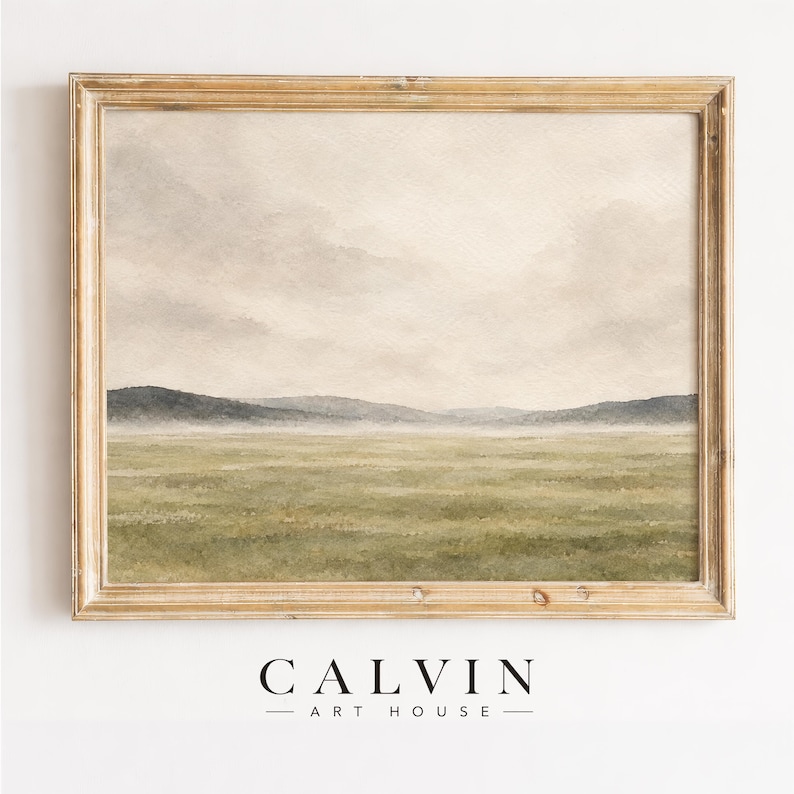 Hazy countryside artwork poster printable featuring soft cream and olive tones