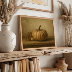 Pumpkin study digital wall art for cozy fall spaces — vintage neutral palette with painterly brushstrokes and depth
