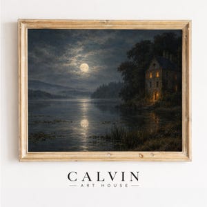 Full moon over water poster for dark academia decor — atmospheric vintage lakeside artwork with romantic mood