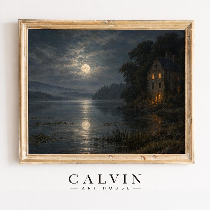 Full moon over water poster for dark academia decor — atmospheric vintage lakeside artwork with romantic mood