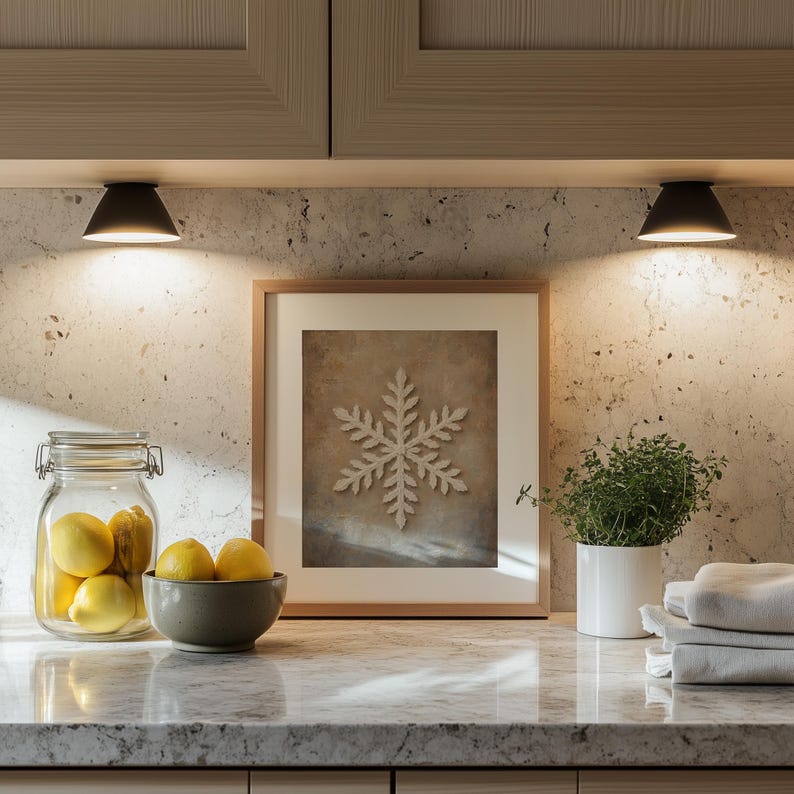 Delicate snowflake printable art for bedroom — textured winter artwork with rustic farmhouse aesthetic