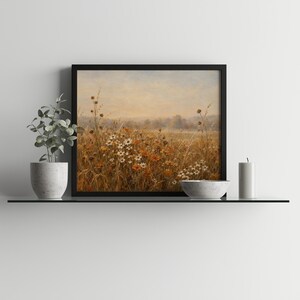 Cozy autumn botanical wall art for nursery — soft vintage painting style with natural wildflower field composition