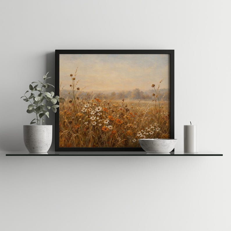 Cozy autumn botanical wall art for nursery — soft vintage painting style with natural wildflower field composition