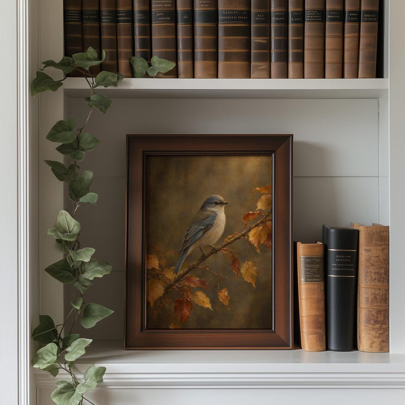 Vintage avian poster with autumn leaves — rustic cottage-style wall art with rich color palette