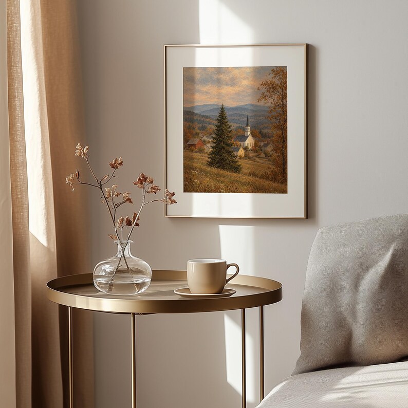 Rural stone church artwork instant download — cozy cottagecore aesthetic with golden foliage