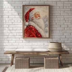 Vintage Santa illustration wall art for entryway — rosy cheeks, red coat, and whimsical seasonal mood