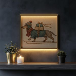 Cute wiener dog carrying holiday packages poster — rustic Christmas themed artwork with soft earth tones