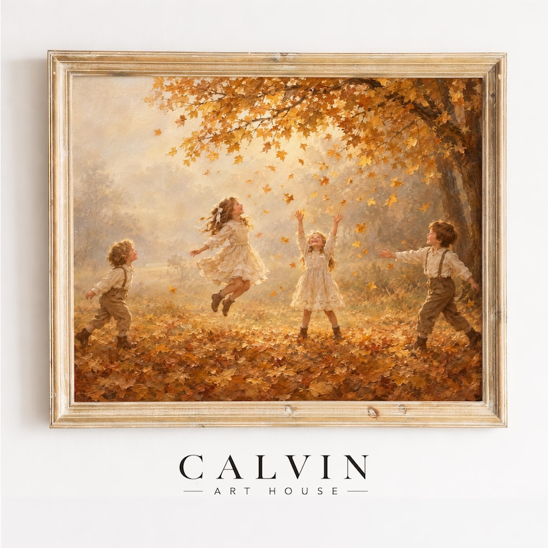 Vintage fall scene with children tossing leaves digital download wall art for kid's room — warm dreamy cottagecore aesthetic