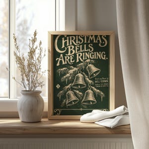 Classic holiday bells wall poster featuring aged sheet music reproduction with hand-lettered design and gold details