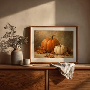 Cozy harvest wall decor instant download — classic gourd arrangement with golden-brown scattered leaves