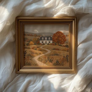 Charming rural homestead picture instant download — autumn countryside scene with cream cottage and natural palette