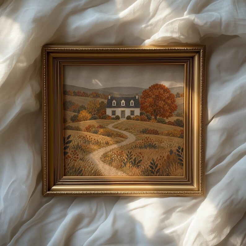 Charming rural homestead picture instant download — autumn countryside scene with cream cottage and natural palette