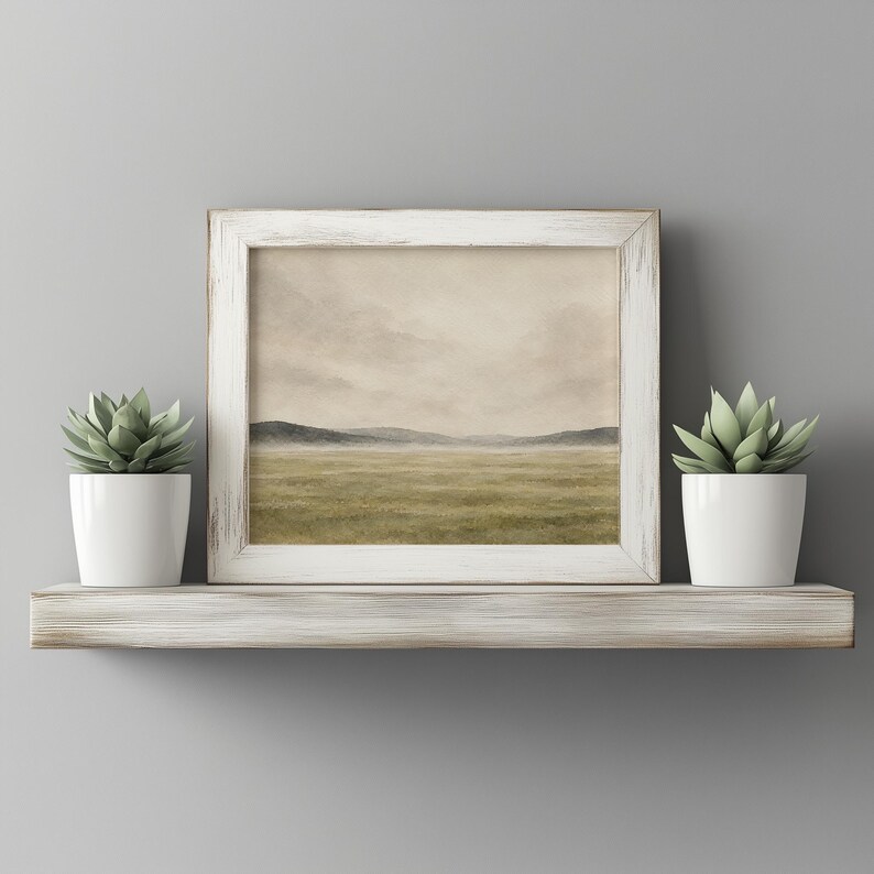 Serene meadow landscape print for kitchen — understated brushwork with neutral warmth