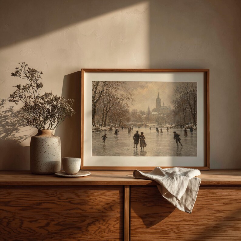 Historical winter scene digital download for bedroom — nostalgic skating figures on frozen water with trees