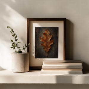 Seasonal oak leaf artwork for study room — textured painting with dark aged background