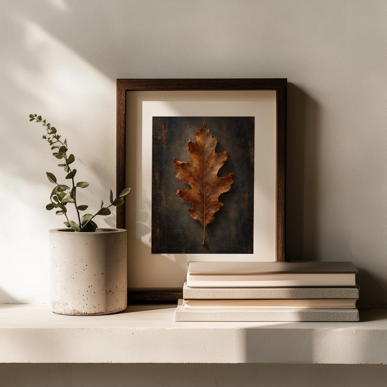 Seasonal oak leaf artwork for study room — textured painting with dark aged background