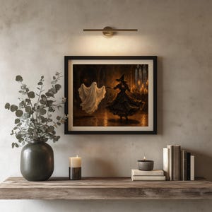 Spirit and dark sorceress in ballroom picture printable art for gallery wall — spooky vintage aesthetic with deep shadows and rich tones
