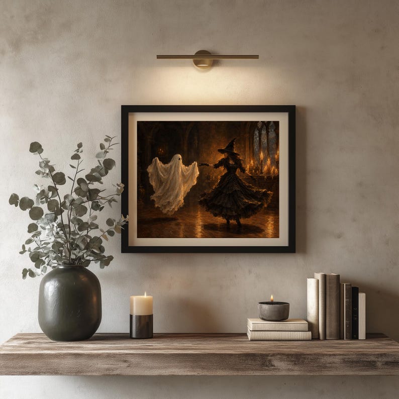 Spirit and dark sorceress in ballroom picture printable art for gallery wall — spooky vintage aesthetic with deep shadows and rich tones