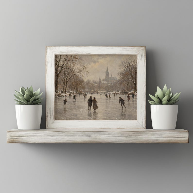 Timeless winter scene poster art for study — 19th-century aesthetic frozen lake with cathedral silhouette