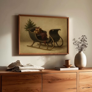 Antique-inspired sleigh poster for dining room celebrating quiet winter moments with soft nostalgic color palette
