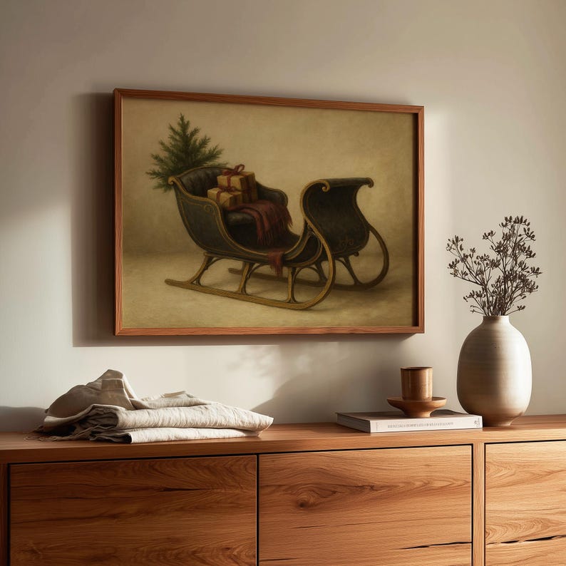 Antique-inspired sleigh poster for dining room celebrating quiet winter moments with soft nostalgic color palette