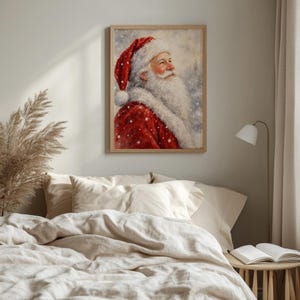 Bearded Father Christmas wall art featuring soft watercolor brushstrokes and winter wonderland atmosphere
