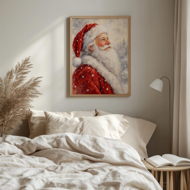 Bearded Father Christmas wall art featuring soft watercolor brushstrokes and winter wonderland atmosphere