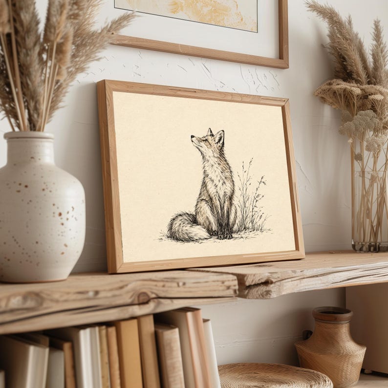 Woodland fox gallery print — understated line art with sophisticated cottagecore aesthetic and vintage charm