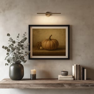 Autumn gourd and leaf picture art for kitchen gallery wall — classic farmhouse painting with aged, weathered aesthetic