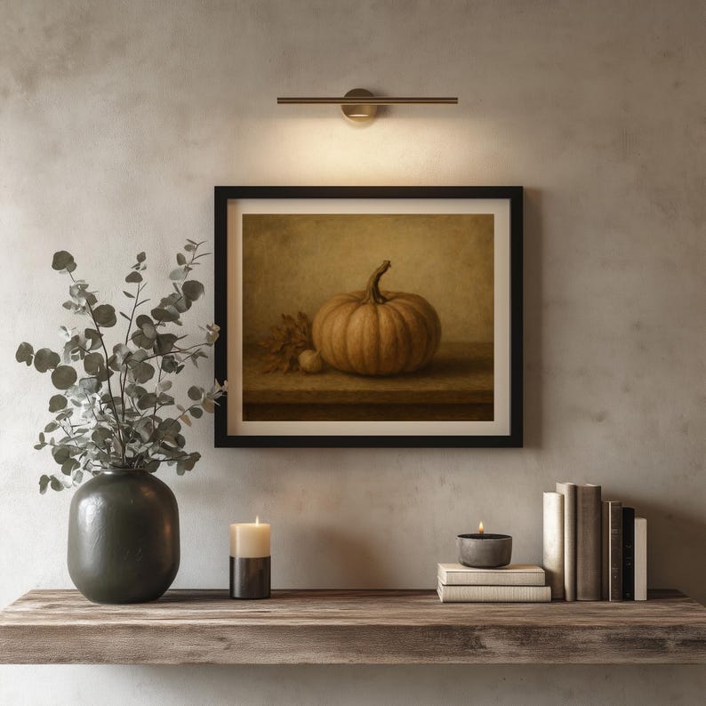 Autumn gourd and leaf picture art for kitchen gallery wall — classic farmhouse painting with aged, weathered aesthetic