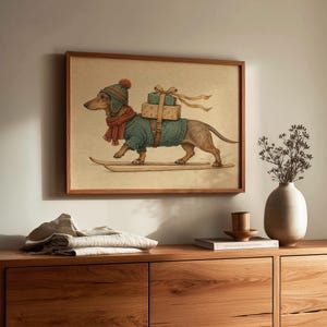 Cheerful skiing hound wall art for office — vintage Christmas artwork with soft pastel earth tones
