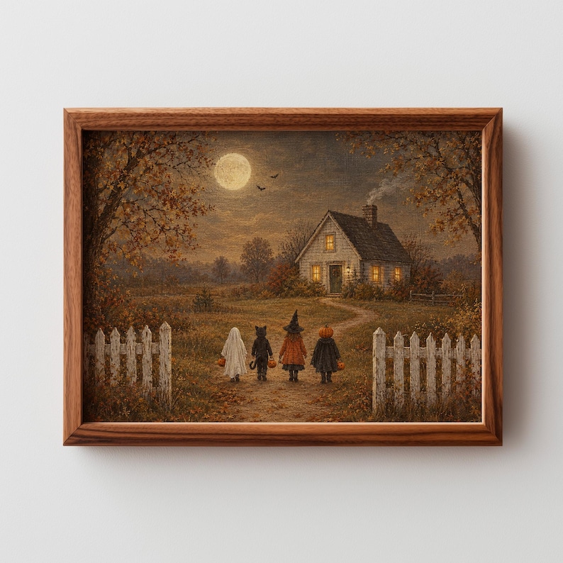 Children in festive costumes hand-in-hand digital print for entryway — cozy fall farmhouse scene with moonlit glow