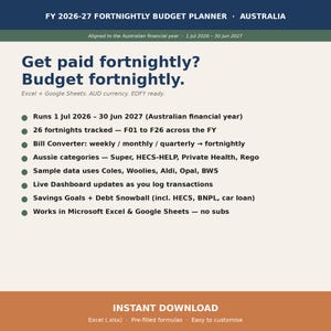 May include: A digital budget planner for the Australian financial year 2026-27, designed for fortnightly pay periods. The planner includes features like bill conversion, savings goals, and debt tracking. It is compatible with Excel and Google Sheets.