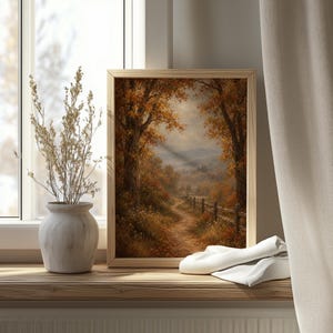 Fall landscape wall art with rural wooden fence and distant peaks in soft atmospheric style
