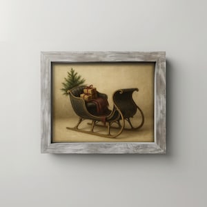 Old-world horse carriage painting digital art for home showcasing holiday gifts in rustic muted tones