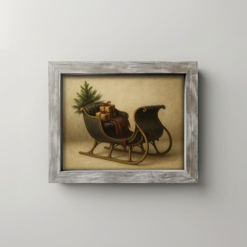 Old-world horse carriage painting digital art for home showcasing holiday gifts in rustic muted tones