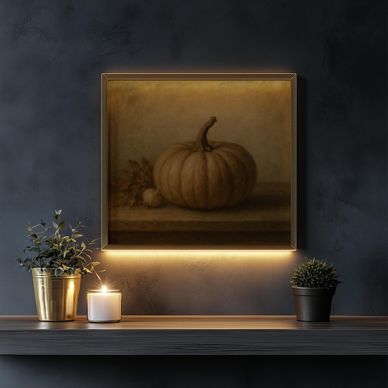 Autumn vegetable digital art for rustic living spaces — vintage-inspired gourd painting with muted color palette and aged feel