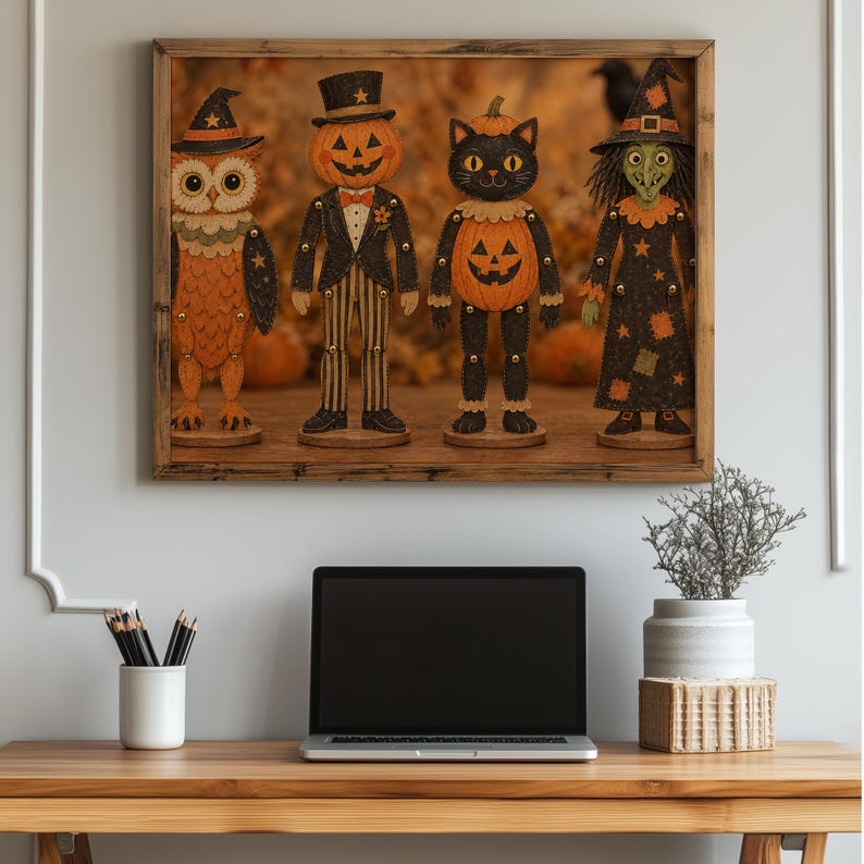 Antique toy-inspired witch, pumpkin man, black cat, and owl digital print — folk-art Halloween wall decor