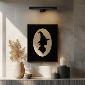 Classic witchy portrait digital print for living room — minimalist paper-cut style artwork with spooky sophistication