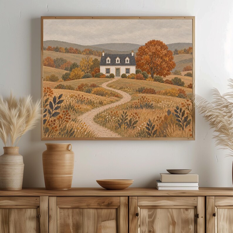 Farmhouse aesthetic poster printable art for office — folk-painted white dwelling surrounded by golden grass