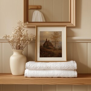 Rustic pastoral artwork for bedroom — pale sun glow, rolling terrain, and cottagecore vibes