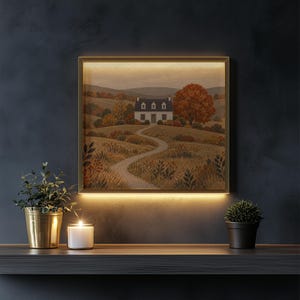 Autumn cottage painting printable art for farmhouse living room — cozy white house with golden fields
