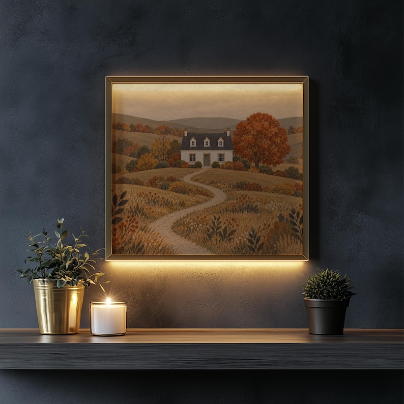Autumn cottage painting printable art for farmhouse living room — cozy white house with golden fields