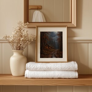 Dark academia cabin artwork printable art for study — vintage-inspired forest scene with dusk ambiance