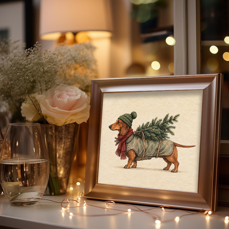 Dressed dachshund with evergreen picture printable — muted earth tones farmhouse aesthetic