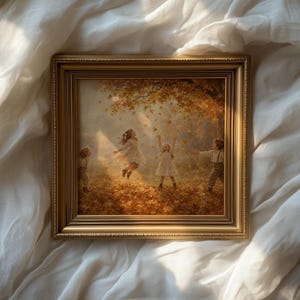 Young ones dancing beneath golden tree poster for children's room — soft brushwork seasonal artwork with muted palette